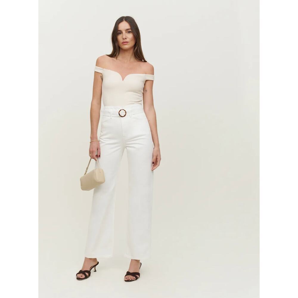 Reformation $168 White Wilder Belted High Rise Wide Leg Cropped Jeans
